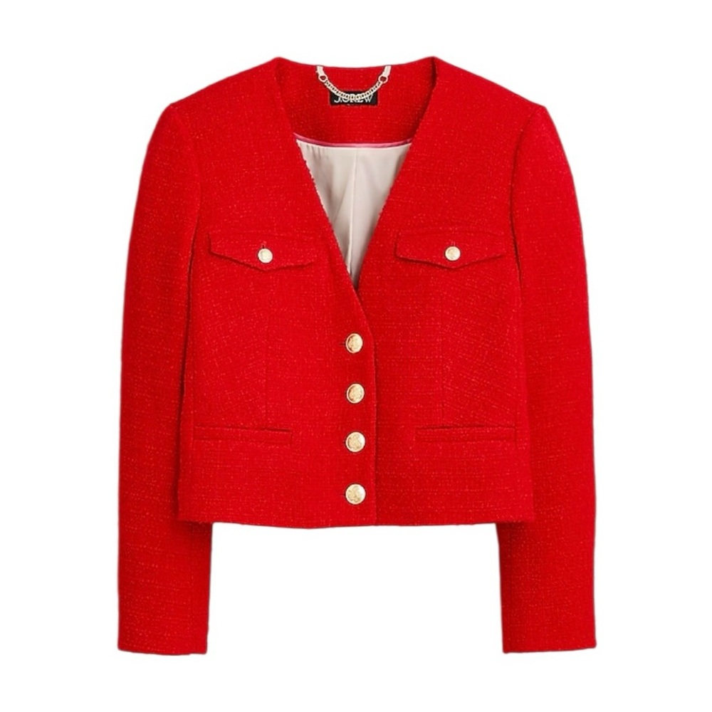 J. Crew Red Tweed Cropped Jacket with Gold Buttons